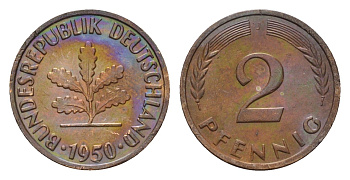 ФРГ 2 пфеннига 1950 J KM 106, J. 381 бронза 4594-732