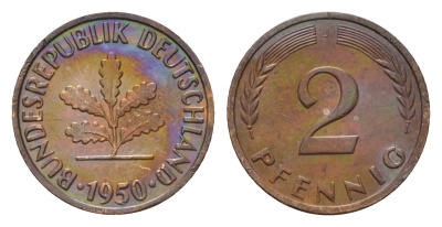 ФРГ 2 пфеннига 1950 J KM 106, J. 381 бронза 4594-732