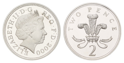 Великобритания 2 пенса 2000 Елизавета II (1952-2022), тираж 15.000 экземпляров KM 987b, Spink C5 серебро PROOF 1095-9-24