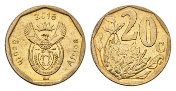 ЮАР 20 центов 2015 герб, цветок протея KM 270 сталь плакированная бронзой UNC 4687-658