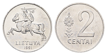 Литва 2 цента (сента) 1991 год-тип KM 86 алюминий UNC 4148-651