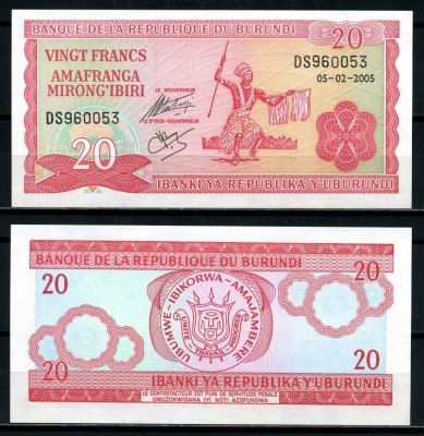 Бурунди 20 франков 2005 5 февраля 2005 Pick 27d бумага UNC (пресс) 6317-22-2-2