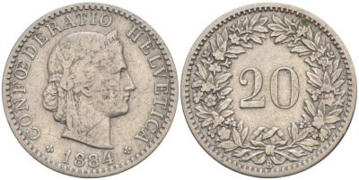 ШВЕЙЦАРИЯ 20 РАППЕНОВ 1884 В KM 29 никель 55-556