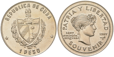 Куба 1 песо 1987 90 лет "сувенирного" песо KM 165 медно-никель UNC 4165-726
