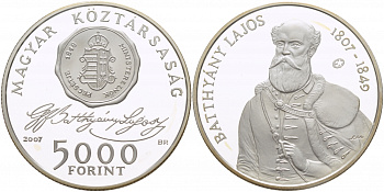Венгрия 5000 форинтов 2007 200 лет со дня рождения Лайоша Баттьяни KM 799 серебро  PROOF  11-168-34