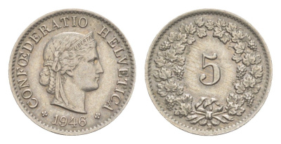 Швейцария 5 раппенов 1946 B KM 26 медно-никель 4532-563