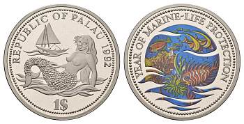 Палау 1 доллар 1992 Год защиты морской жизни KM 1 медно-никель PROOF 11-138-25