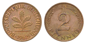 ФРГ 2 пфеннига 1962 F KM 106, J. 381 бронза 4567-1017