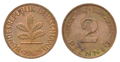ФРГ 2 пфеннига 1962 F KM 106, J. 381 бронза 4567-1017