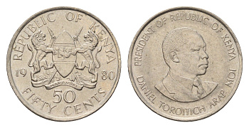 Кения 50 центов 1980 Дэниэл арап Мои KM 19 медно-никель aUNC 4682-651