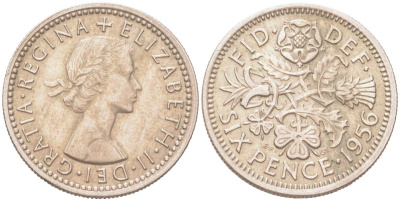Великобритания 6 пенсов 1956 Елизавета II (1952-2022) KM 903, Spink 4149 медно-никель 4614-825