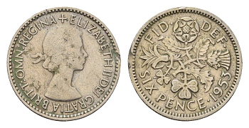 Великобритания 6 пенсов 1953 Елизавета II (1952-2022) KM 889, Spink 4141 медно-никель 100-325