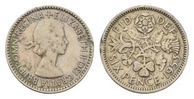 Великобритания 6 пенсов 1953 Елизавета II (1952-2022) KM 889, Spink 4141 медно-никель 100-325
