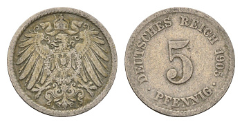 Германия 5 пфеннигов 1905 A KM 11, J. 12 медно-никель 4696-627