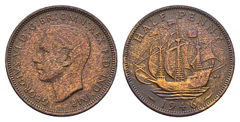 Великобритания 1/2 пенни 1946 Георг VI (1936-1952) KM 844, Spink 4115 бронза 4519-412