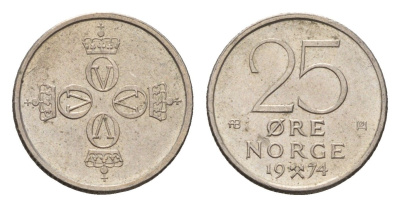 Норвегия 25 эре 1974 Улаф V (1957-1991) KM 417 медно-никель 4702-312