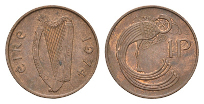 Ирландия 1 пенни 1974 мифологическая птица лира KM 20 бронза 4690-358