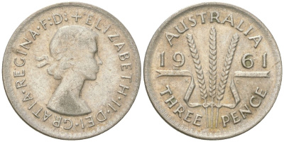 Австралия 3 пенса 1961 Елизавета II (1952-2022) KM 57 серебро 4621-1266