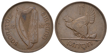 Ирландия 1 пенни 1937 курица с цыплятами KM 3 бронза 4512-915