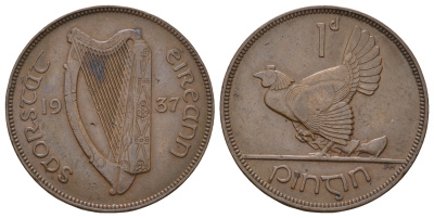 Ирландия 1 пенни 1937 курица с цыплятами KM 3 бронза 4512-915