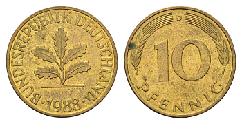 ФРГ 10 пфеннигов 1988 D KM 108, J. 383 сталь плакированная латунью 4684-1216