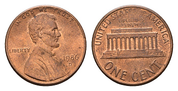 США 1 цент 1986 D, Линкольн KM 201b цинк плакированный медью 4685-459