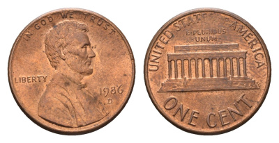 США 1 цент 1986 D, Линкольн KM 201b цинк плакированный медью 4685-459