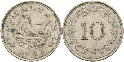 Мальта 10 центов 1972 баржа Великого магистра KM 11 медно-никель 4137-915