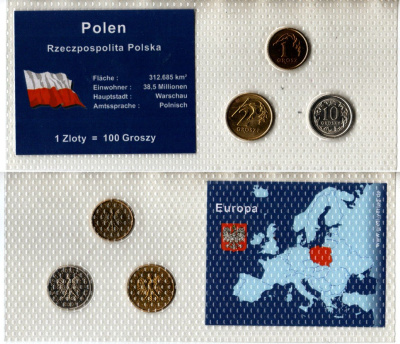 Польша набор из 3 монет (1, 2 и 10 грошей) 2003, 2004 и 2009 в красочной упаковке с информацией о стране Y 276, 277 и 279 UNC 2-6-3-146