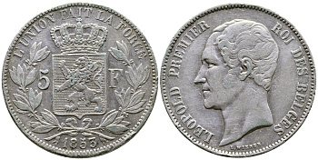 Бельгия 5 франков 1853 Леопольд I (1831-1865) KM 17 серебро 1066-20-42
