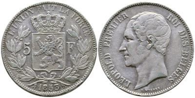 Бельгия 5 франков 1853 Леопольд I (1831-1865) KM 17 серебро 1066-20-42