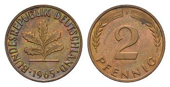 ФРГ 2 пфеннига 1965 F KM 106, J. 381 бронза 211-648