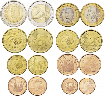 Испания полный евронабор из 8 монет 2003 1, 2, 5, 10, 20, 50 евроцентов, 1 и 2 евро KM 1040, 1041, 1042, 1070, 1071, 1072, 1073, 1074 4686-151-158