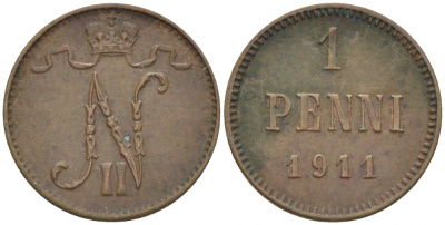 Россия для Финляндии 1 пенни 1911 Николай II (1894-1917) KM 13, Биткин 471 медь 4396-1342