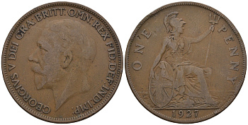 Великобритания 1 пенни 1927 Георг V (1910-1936) КМ 826, Spink 4054 бронза 4112-722