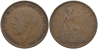 Великобритания 1 пенни 1927 Георг V (1910-1936) КМ 826, Spink 4054 бронза 4112-722