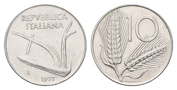 Италия 10 лир 1977 R, колосья, плуг KM 93 алюминий UNC 4606-657
