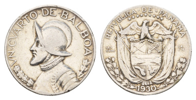 Панама 1/4 бальбоа 1930 Васко Нуньес де Бальбоа KM 11.1 серебро 51-1116
