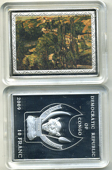 Конго 10 франков 2009 серия шедевры мировой живописи, Поль Сезанн, Кот-дю-Гале, в Понтуазе,  серебрение, размер 35Х46 мм., цветная эмаль медно-никель PROOF 1066-14-22