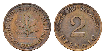ФРГ 2 пфеннига 1950 D KM 106, J. 381 бронза 4596-347