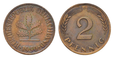 ФРГ 2 пфеннига 1950 D KM 106, J. 381 бронза 4596-347
