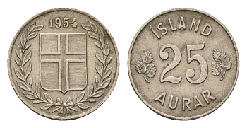 Исландия 25 эйре 1954 KM 11 медно-никель 4690-568