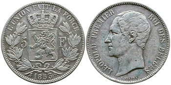 Бельгия 5 франков 1853 Леопольд I (1831-1865) KM 17 серебро 1066-20-46