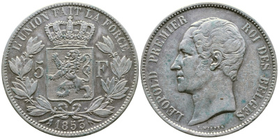 Бельгия 5 франков 1853 Леопольд I (1831-1865) KM 17 серебро 1066-20-46