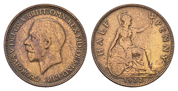 Великобритания 1/2 пенни 1932 Георг V (1910-1936) KM 837, Spink 4058 бронза 4546-1025