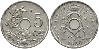 БЕЛЬГИЯ 5 САНТИМОВ 1930 BELGIE KM 94 никель латунь 76-143