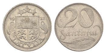 Латвия 20 сантимов 1922 год-тип KM 5 никель 4689-766