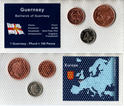 Гернси набор из 3 монет (1, 2 и 5 пенсов) 2003, 2006 и 2010 в красочной упаковке с информацией о стране KM 89, 96 и 97 UNC 2-6-3-124