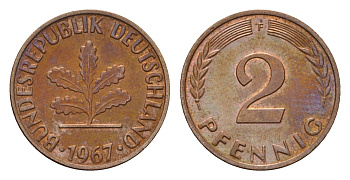 ФРГ 2 пфеннига 1967 F KM 106, J. 381 бронза 3458-659