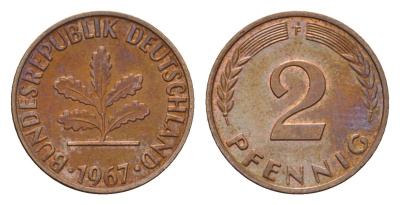 ФРГ 2 пфеннига 1967 F KM 106, J. 381 бронза 3458-659
